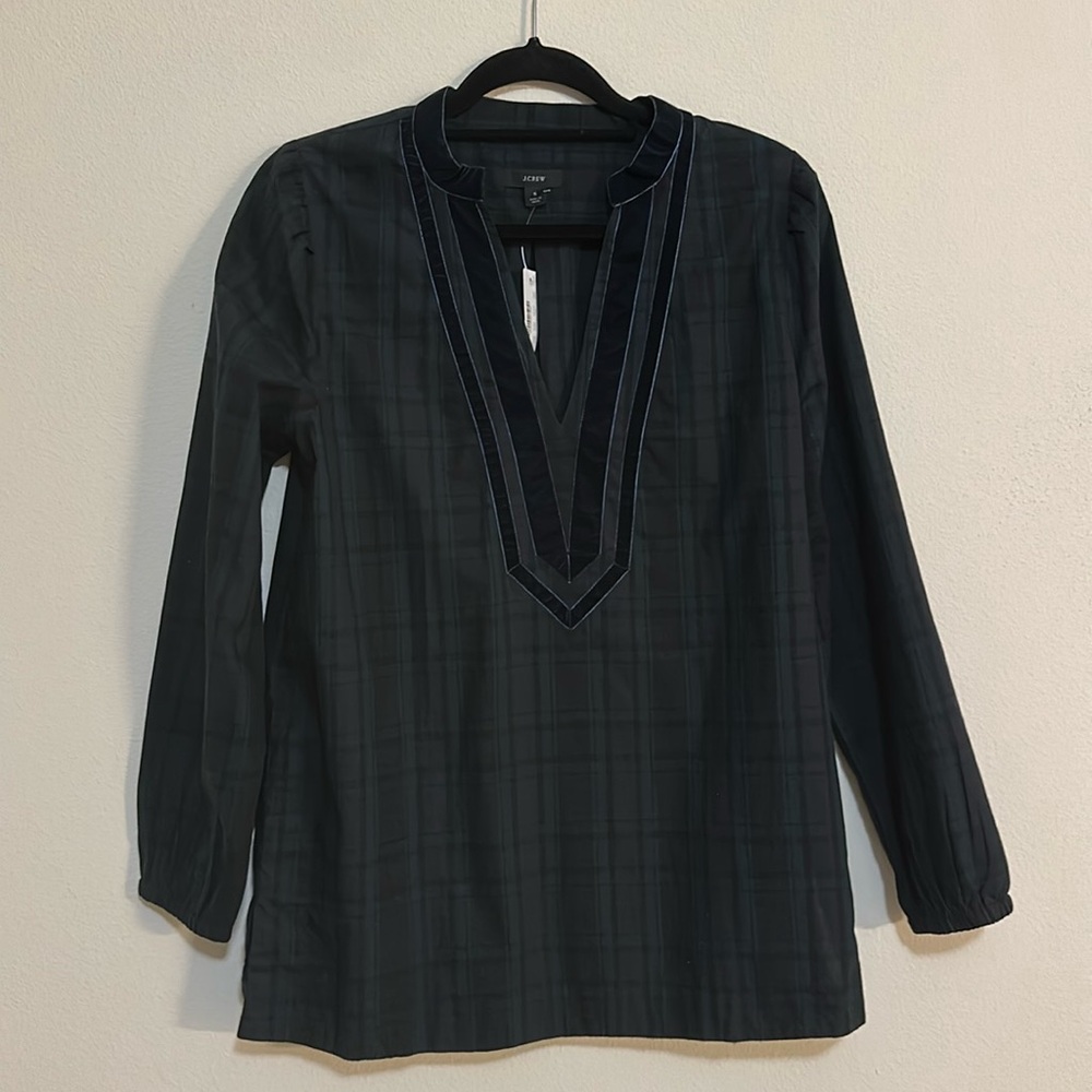 J. Crew Velvet Trimmed V Neck Tunic Black Watch NWT